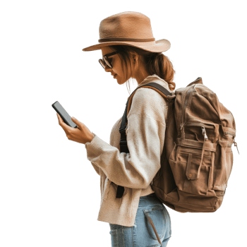 Woman traveling in a stylish hat and backpack while using a mobile device outdoors in a bright setting, file no background Woman traveling and using a smartphone png