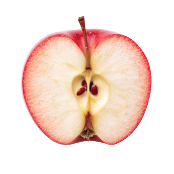 Half of a fresh red apple showcasing its juicy interior and seeds on a plain transparent background, Half of red apple isolated png
