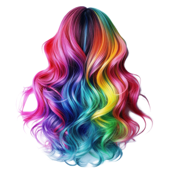 Vibrant rainbow colored hair cascades beautifully against a clean transparent background, Vibrant Rainbow Colored Hair on transparent background png