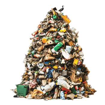 A towering pile of trash junk isolated against a transparent background revealing the consequences of waste accumulation, towering pile of trash junk isolated on transparent background png