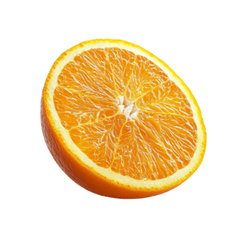 A ripe half orange citrus fruit on a clean transparent background showcasing its vibrant color, Ripe half of orange citrus fruit on transparent background png