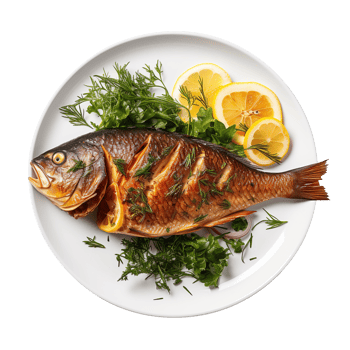 Roasted fish on a plate isolated on transparent background png
