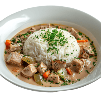 Enjoying a hearty blanquette of veal served with fluffy transparent rice on a beautiful plate, Delicious Blanquette of veal with transparent rice on transparent background png