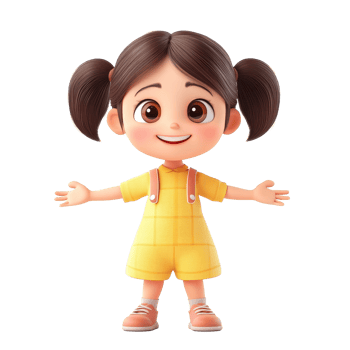 A joyful cartoon girl in a yellow outfit stands happily with her arms open, surrounded by a bright transparent background, cute girl happy cartoon character 3d isolated on transparent background png