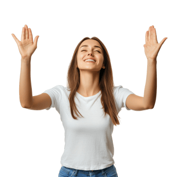 Woman joyfully raises her hands in celebration against a neutral background during a moment of praise, woman reverently raises her hands up rejoicing, file of isolated object on transparent background png