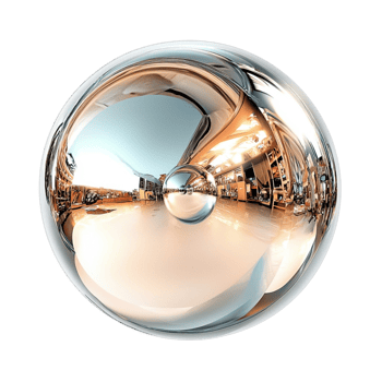 Reflective metallic sphere with a mirrorlike surface represents illusion and perception png