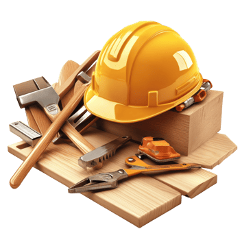 A collection of carpentry tools and a safety helmet arranged on wooden planks in a workshop setting, Carpentry tools with safety helmet Stock Illustration png