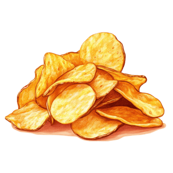 Crispy potato chips piled in a casual setting, inviting snack time enjoyment, Portion of crispy potato chips png