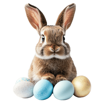 A cute bunny sits with colorful Easter eggs on a light background celebrating springtime festivities, funny bunny easter with eggs on transparent background png