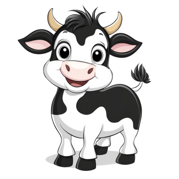 Charming black and transparent cartoon cow standing happily against a clean transparent background, cute black and transparent cartoon cow isolated on transparent background png