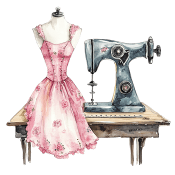 Charming watercolor illustration of a vintage sewing machine and floral dress on a wooden table in a cozy sewing space, fashion floral sewing illustration transparent background png
