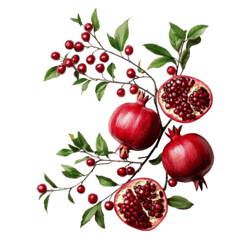 Fresh pomegranate branch with red fruit and green leaves on a bright transparent background, Branch of delicious Pomegranate on whtie background cutouts png
