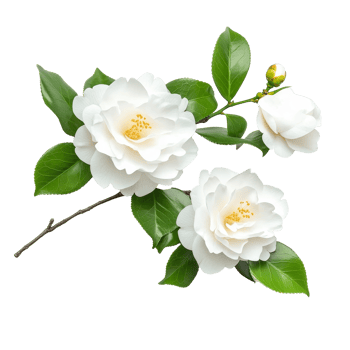 Beautiful camellia flowers with lush green leaves isolated on a transparent background showcasing natural elegance, camellia flowers isolated on transparent background png