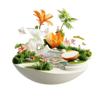Beautiful garden with a peaceful water fountain png
