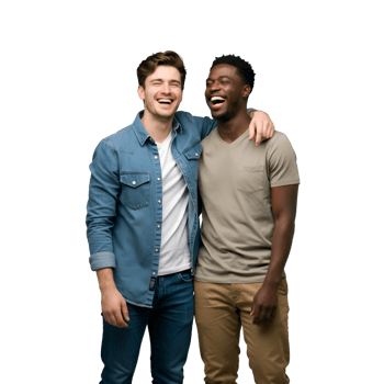 Happy Diverse Men Friends Laughing Together Studio Portrait bond denim beige black unity males png