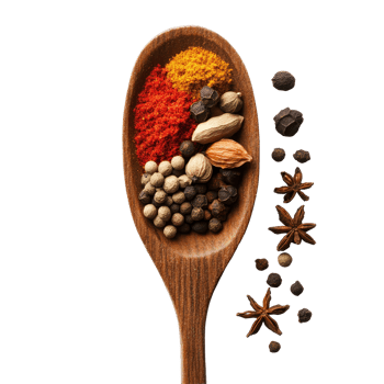 A wooden spoon filled with colorful spices arranged artfully on a transparent background during daylight, Wooden Spoon filled with various spices png