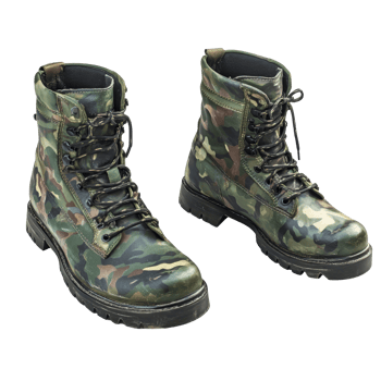 Military camouflage boots displayed on a clean transparent background highlighting their rugged design and functionality, Military Camouflage Boots Pair on transparent background png