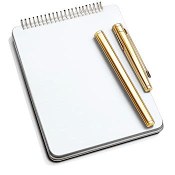 Notepad with a gold pen on a white png