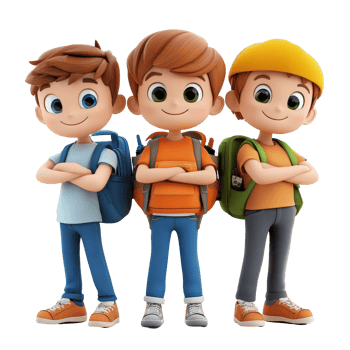Three cute cartoon student boys with backpacks posing confidently in a bright setting, 3D Cartoon Character Group Cute Student Boys, Isolated transparent background png