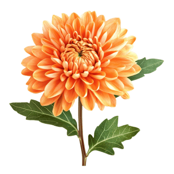 Beautiful chrysanthemum flower clipart with vibrant orange petals and green leaves isolated on a transparent background, Chrysanthemum flowers isolated on transparent background cutout png