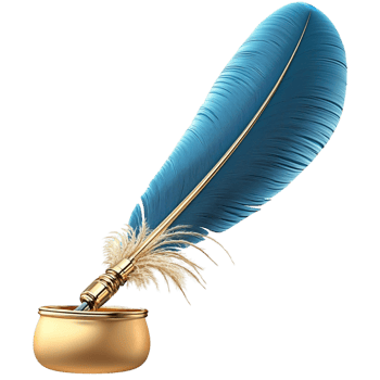 Blue feather quill resting in a golden ink pot png