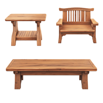 Elegant wooden furniture a chair, side table, and coffee table on a transparent backdrop, Beautiful round wooden table isolated on a transparent background png