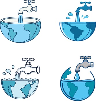 water conservation icon set with faucet and globe vector