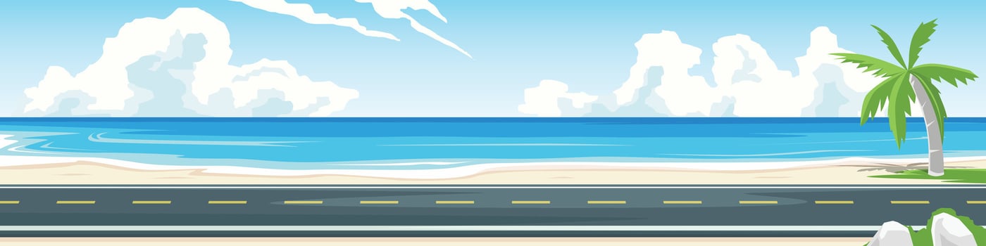 Horizontal or Landscape of asphalt road cut through the sea shore. Coconut tree stands tall on the shore. Banner background of seascape. Stone and grass on foregroun. Under blue sky and white clouds. vector