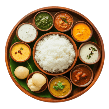 Chithirai Kani plate featuring rice and various curries on a simple transparent background during the festive season, Chithirai Kani plate top view isolated on transparent background png