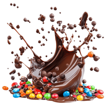 A delightful chocolate splash topped with colorful sprinkles and candies on a bright transparent background, Chocolate Splash with Sprinkles and candies on transparent background png