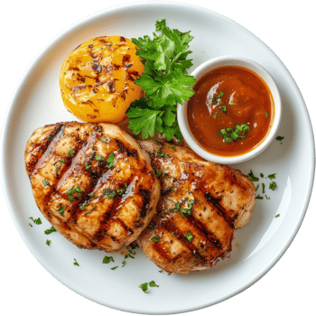 Delicious grilled chicken steak served with tangy sauce and a side of grilled vegetables ready for a hearty meal, Plate of grilled chicken steak with sauce png