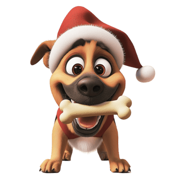 Happy dog wearing a Santa hat with a bone png