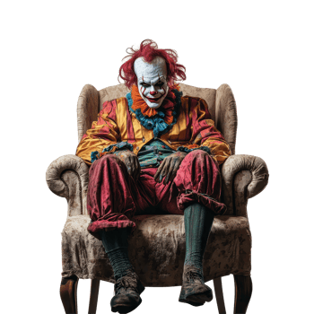 A creepy clown sits alone on a vintage chair against a stark transparent background, creating a chilling atmosphere, Scary Clown Sitting on Chair Isolated on transparent background png