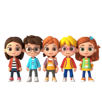 A group of five cute cartoon student characters standing together in a bright and cheerful setting, AIGenerated 3D Cartoon Character Group Cute Students, transparent background png