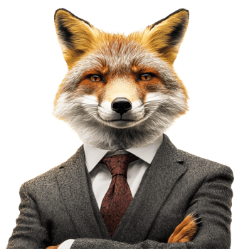 A fox in a tailored suit stands confidently, arms crossed, exuding a blend of intelligence and business acumen, Fox wearing business attire on transparent background Smart strategy concept png