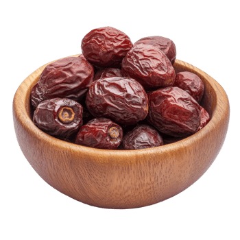 Dried Chinese jujubes in a wooden bowl on a transparent background showcasing their rich color and texture, Chinese Jujube dried in wood bowl on transparent background png