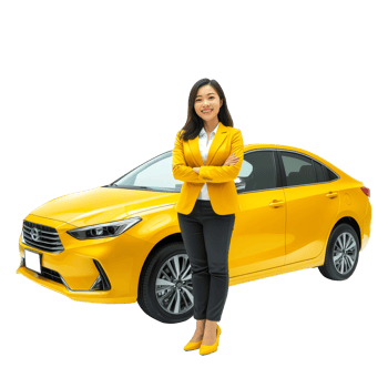 Happy young Asian woman in a yellow suit stands confidently next to a vibrant yellow car against a clean background, Happy young Asian business look woman shows yellow mock up car with OK hand sign png