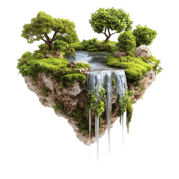 Floating island with cascading waterfall and greenery png