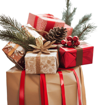 A cheerful shopping bag filled with colorful gifts and festive decorations for a joyful holiday celebration, Shopping bag full of gifts png