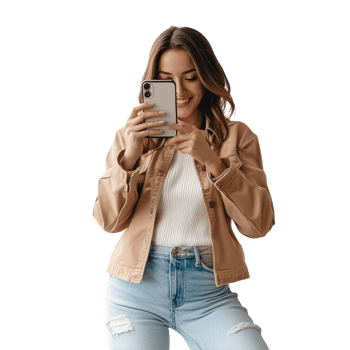 Casual woman smiling while taking pictures with her smartphone against a plain background during the day, Casual woman taking pictures with her phone file no background png