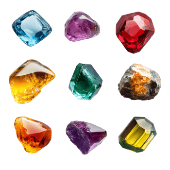 A collection of colorful gemstones displayed on a transparent background showcasing their unique shapes and brilliance, Gemstones transparent background png