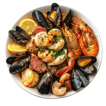 Delicious seafood and meat platter served with lemon on a transparent surface, Dish containing both seafood and meat top view isolated on transparent background png