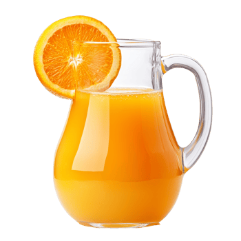 Freshly squeezed orange juice in a clear jug garnished with a slice of orange against a transparent background, Glass of fresh orange juice isolated on transparent background png