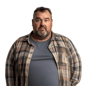 Portrait of an overweight man in a plaid shirt standing against a transparent background with a serious expression, Overweight Man Portrait Isolated on transparent background png