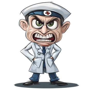 A funny and eccentric cartoon doctor with an angry expression standing proudly on a transparent background, showcasing a unique artistic design, crazy cartoon doctor isolated on transparent background png