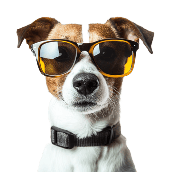 A funny dog with sunglasses poses against a transparent background during a playful moment in a bright setting, Funny dog wearing sunglasses and on transparent background png