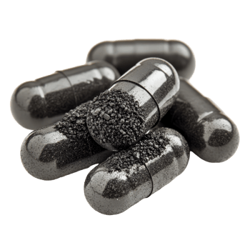 Activated charcoal carbon pills for health benefits displayed on a transparent background, Activated charcoal carbon pills isolated on transparent background png