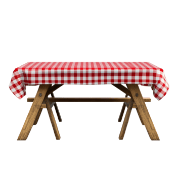 A picnic table with a red checkered tablecloth set for outdoor gatherings on a sunny afternoon, Picnic Table with Red Checkered Tablecloth on transparent background png