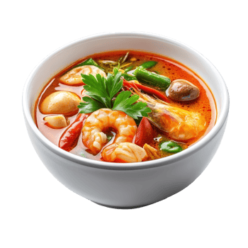 Delicious Tom Yum Kung soup featuring shrimp, herbs, and spices served in a bowl against a transparent background, Tom Yam Kung Thai cuisine isolated on transparent background png