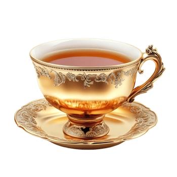 Luxurious golden tea cup with intricate design set against a transparent background for elegant presentations, luxury golden cup of tea isolated on transparent background png